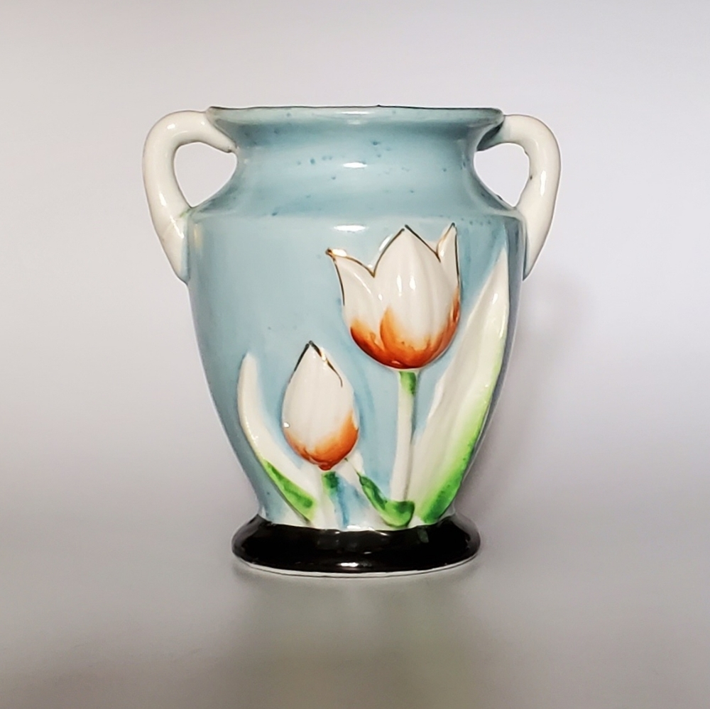 4" Porcelain Blue Vase With Orange & White Tulips 🌷 With Handles
